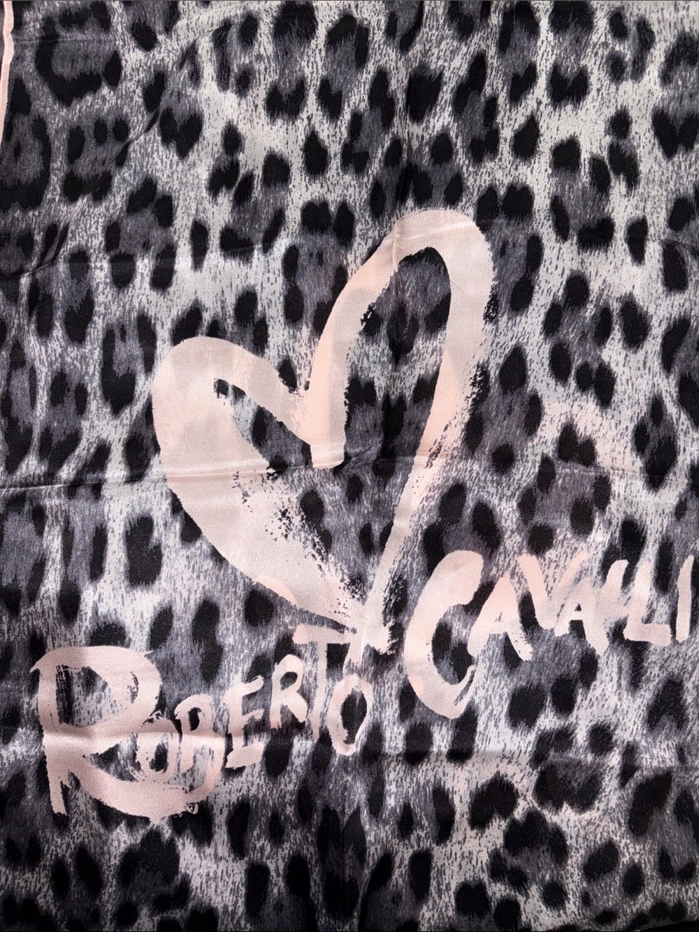 Roberto Cavalli Black and Gray Leopard Print Silk Scarf with Pink Trim